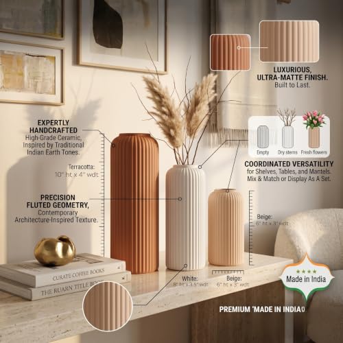 Image of KREATIVE ART'S Ribbed Ceramic Flower Vase Set of 3 -Earthly Tone | Ceramic Vases for Home Decor, Home Decor Items for Living Room, (Terracotta, White & Nude Beige Vases -Set of 3 pcs)