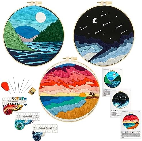 Armindou Embroidery Kit for Beginner Adults, Stamped Cross Stitch Kits for Adult Beginners, Needlepoint Hand Embroidery Starter Kit with landscape Pattern, 3 Embroidery Hoop, 3 Set Embroidery Supplies