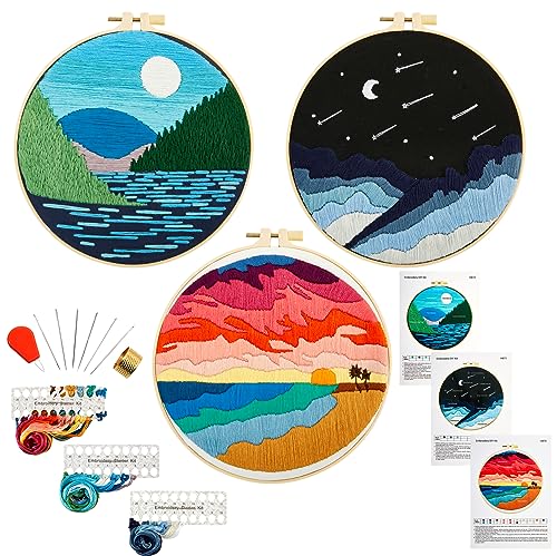 Image of Armindou Embroidery Kit for Beginner Adults, Stamped Cross Stitch Kits for Adult Beginners, Needlepoint Hand Embroidery Starter Kit with landscape Pattern, 3 Embroidery Hoop, 3 Set Embroidery Supplies