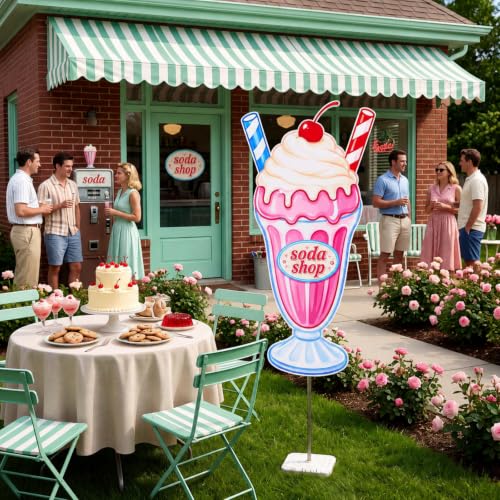 Image of Qunclay 4 ft 1950s Soda Shop Cardboard Cutout Retro Milkshake Cutout Decoration Life Size Photo Booth Prop Stand up 3D Display Backdrop for 50s Diner Sock Hop Rock and Roll Party Decorations