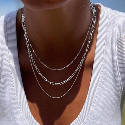 Image of Freekiss Layered Necklace Set for Women Stackable | Herringbone Snake Cuban Rope Chain, Dainty Choker, Layered Stackable, Non Tarnish, Hypoallergenic, Adjustable 14-18.5 inch