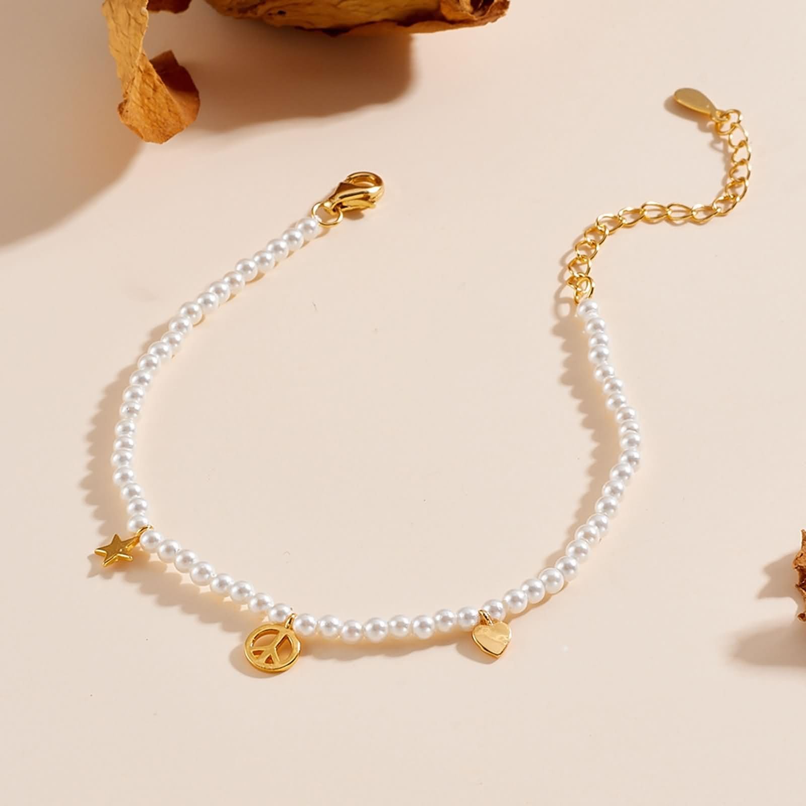 Pulseras de Mujer de Oro 9K / 14K / 18K, Perlas con Estrella y Corazón, Cadena Extensible 16 CM + 5 CM, Pulseras Cadena Oro Ajustable Mujer
