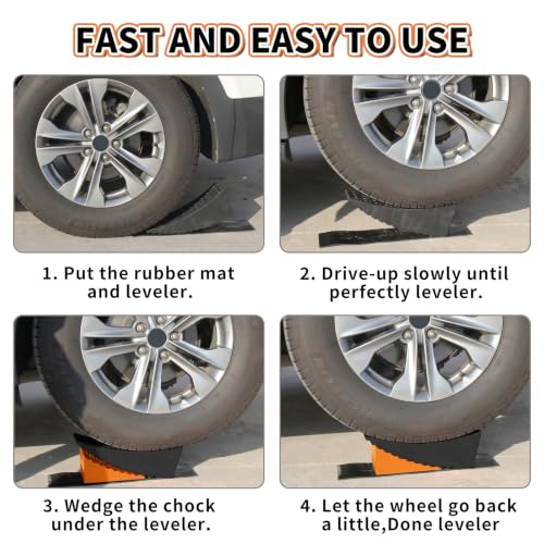 Image of OULEME RV Leveling Blocks, Camper Leveler System 2 Packs for Dual Axle Tandem Wheel Travel Trailer, Include 2 Curved Leveler Ramp, 2 Chock, 2 Rubber Mat, 1 T Bubble Level, 1 Carry Bag, Orange