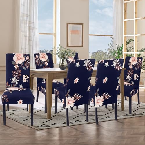 Image of SearchI Chair Covers, Set of 6, Spandex Super Fit Stretch Removable Washable Kitchen Parsons Chair Protector for Dining Room,Hotel,Ceremony, Navy+Flowers