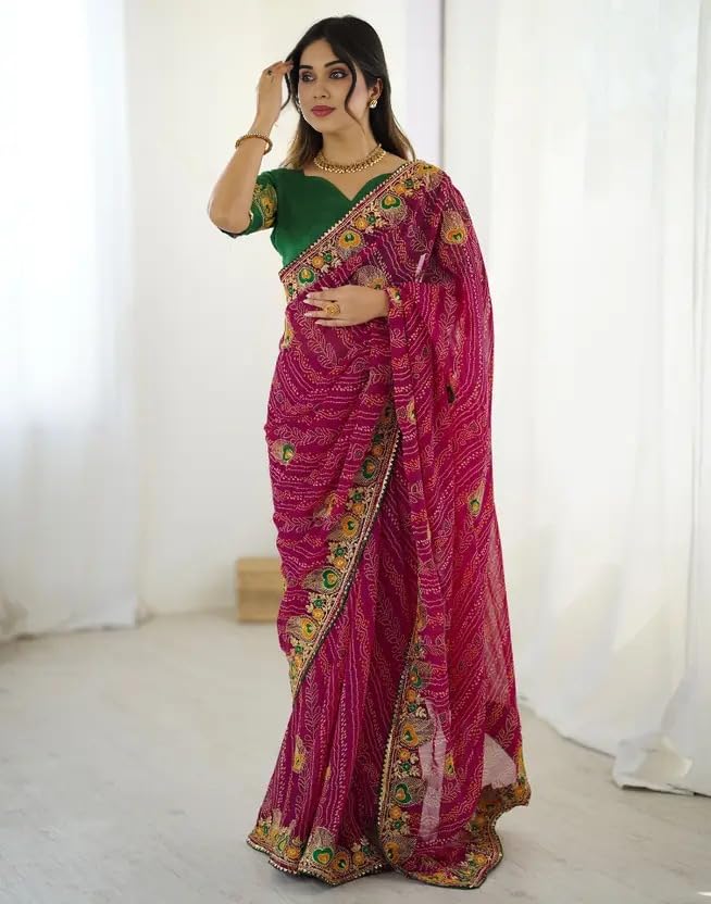 Image of Women's Georgette Bandhani Printed Embroidery Saree with Unstitched Blouse Piece
