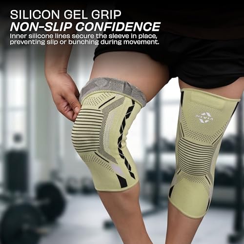 Image of NIVIA Knitted Knee Support with Silicon for Men & Women, Neoprene Compression Sleeve, Anti-Slip Grip, Heat Retention & Stability for Gym, Training, and Injury Recovery (Yellow, Small)