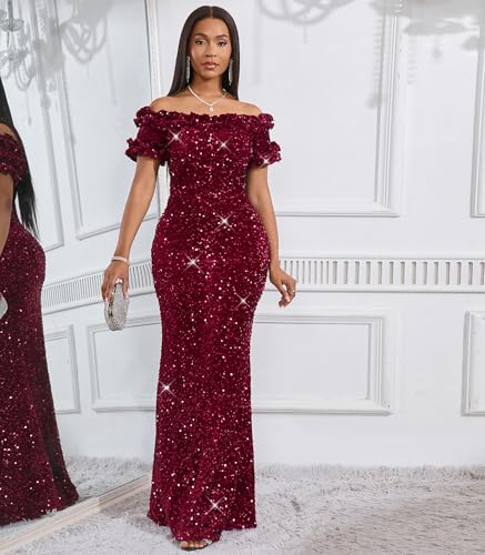 Image of dasmzper Women Sexy Sequin Off Shoulder Ruffle Short Sleeve Bodycon Mermaid Party Formal Evening Maxi Dress