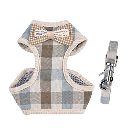 April Pets Comfortable Stylish Cotton Dog & Cat Harness Leash Set for Small Puppies and Cats (S, Grey & Peachy Plaids)