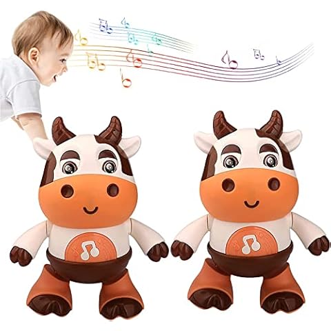 Baby Cow Musical Toys, Dancing Walking Baby Cow Toy, Baby Walking Toy with Music & Led Lights Educational Interactive Toys for Girls Boys Gifts (2PC Brown) Cover