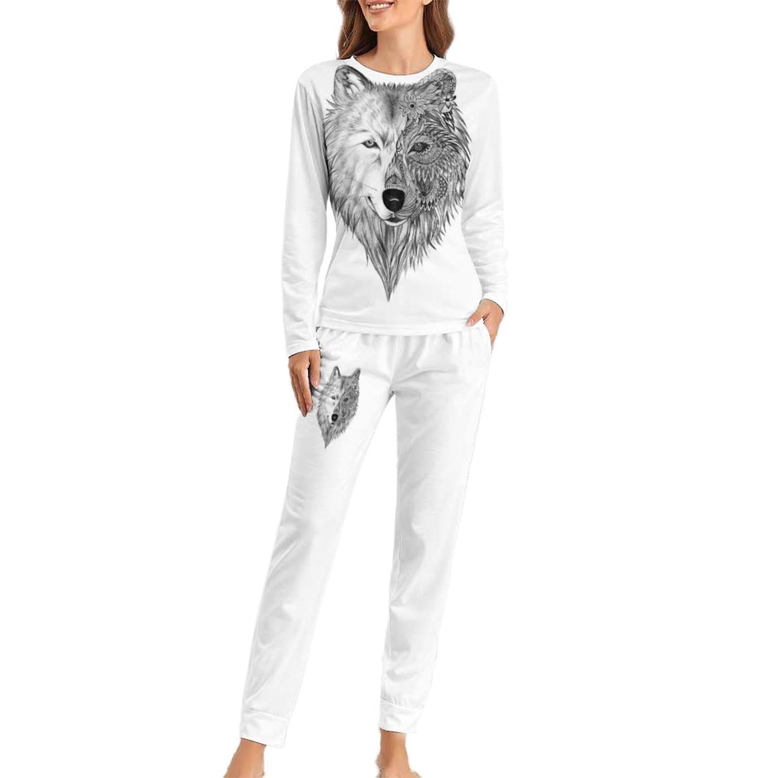 Dgsxynth Woman's Crew Neck Pyjamas Set, Gray Wolf Pyjamas for Women, Women's Pajamas with Pockets