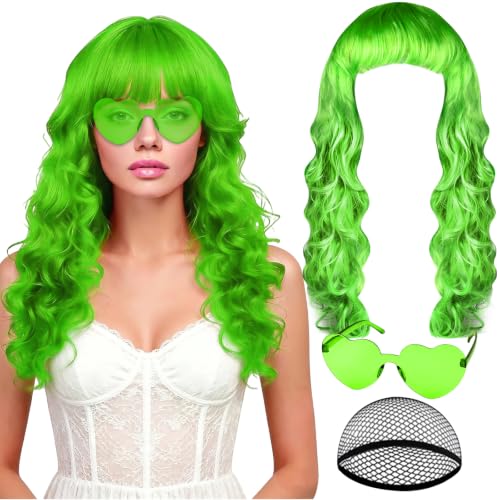 PLULON Grass Green Neon Wave Wig with Heart Sunglasses for Women Colorful Funny Party Long Wavy Wigs with Bangs Synthetic Curly Hair for Neon Nightclubs Bachelorette Theme Party Music Festival