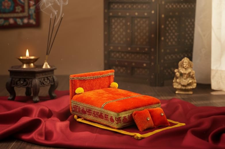 Image of RD Handicraft Thakur Ji Bed, Laddu Gopal ji Bed, Bal Gopal ji Bed with Blanket Silk All Purpose Bed |Bhagwa (17x16x10 cm)