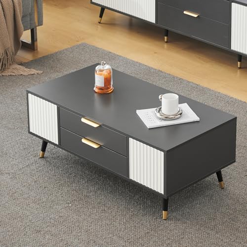 Pangshiyuan Moderna mesa de centro gris y blanca 100 x 50 x 40 cm con 2 puertas, 2 cajones y detalles dorados – Mesa baja de salón elegante, acabado de alta calidad