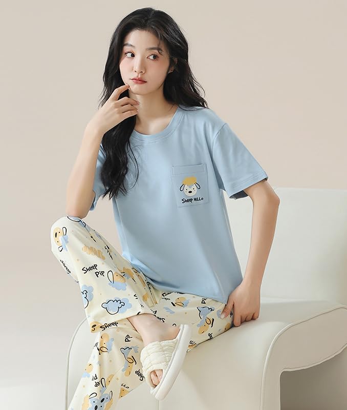Image of GLASGO Women's Cotton Pajama Set with Top & Pants|| Korean Night Wear|| Loose Fit Home Wear || Lightweight Printed Set || Soft & Comfy Sleepwear for Girls & Women || LNS-4-$