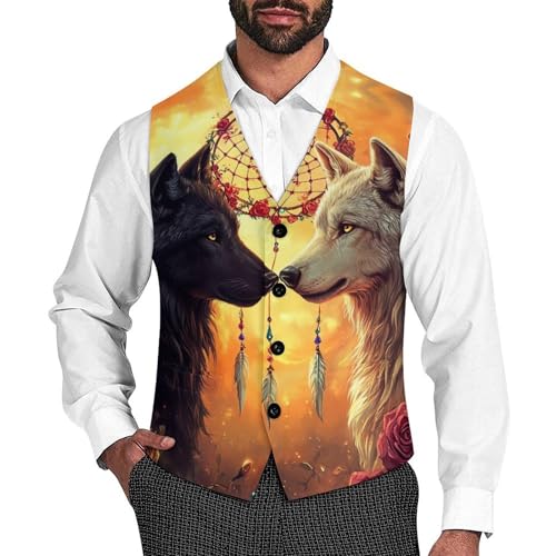 Black And White Wolf Dream Catcher Men's Suit Vests Dress Vest V-Neck Waistcoat Slim Business Formal with Pocket