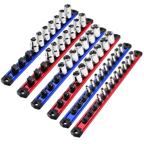 Image of WORKPRO Magnetic Socket Organizer - 6-Piece Aluminum Alloy Socket Rail, Heavy Duty Socket Holder - Set: 1 /4-Inch x 12 Clips, 3 /8-Inch x 10 Clips, 1 /2-Inch x 10 Clips