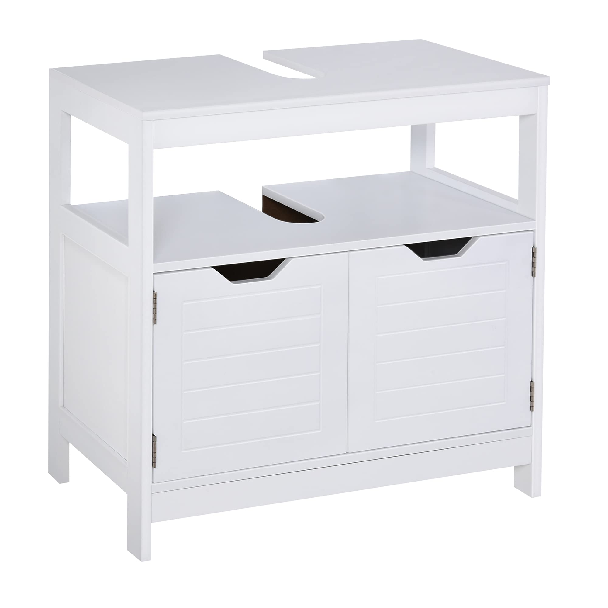 kleankin Armario para Debajo de Lavabo con Estante 60x30x60 cm Blanco | Gabinete de Baño, 2 Puertas de Almacenamiento, Dispositivo Antivuelco, Resistente a la Humedad