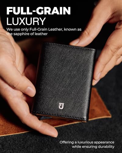 Jenoss Smart Wallet For Men: Full Grain Leather, Handcrafted, Slide Metal Pop Up Case, Slim RFID Blocking Credit Card Holder, Minimalist Compact 12 Cards Slot Organizers ID Money Clip (Black & Brown)2