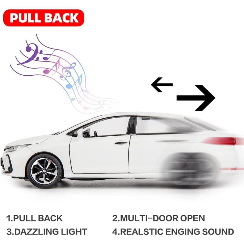 Image of Kids Model 1:32 Corolla Die Cast Metal Car Pull Back Action Opening Doors with Realistic Engine Sound Lights Toy Car Gift for Boys - White