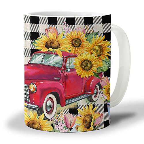 12 Oz Ceramic CoffeeWaterTea Mug Farmhouse Sunflowers Porcelain CupPresent Idea for Valentines DayThanksgivingChristmasBirthday Red Truck Black White Plaid