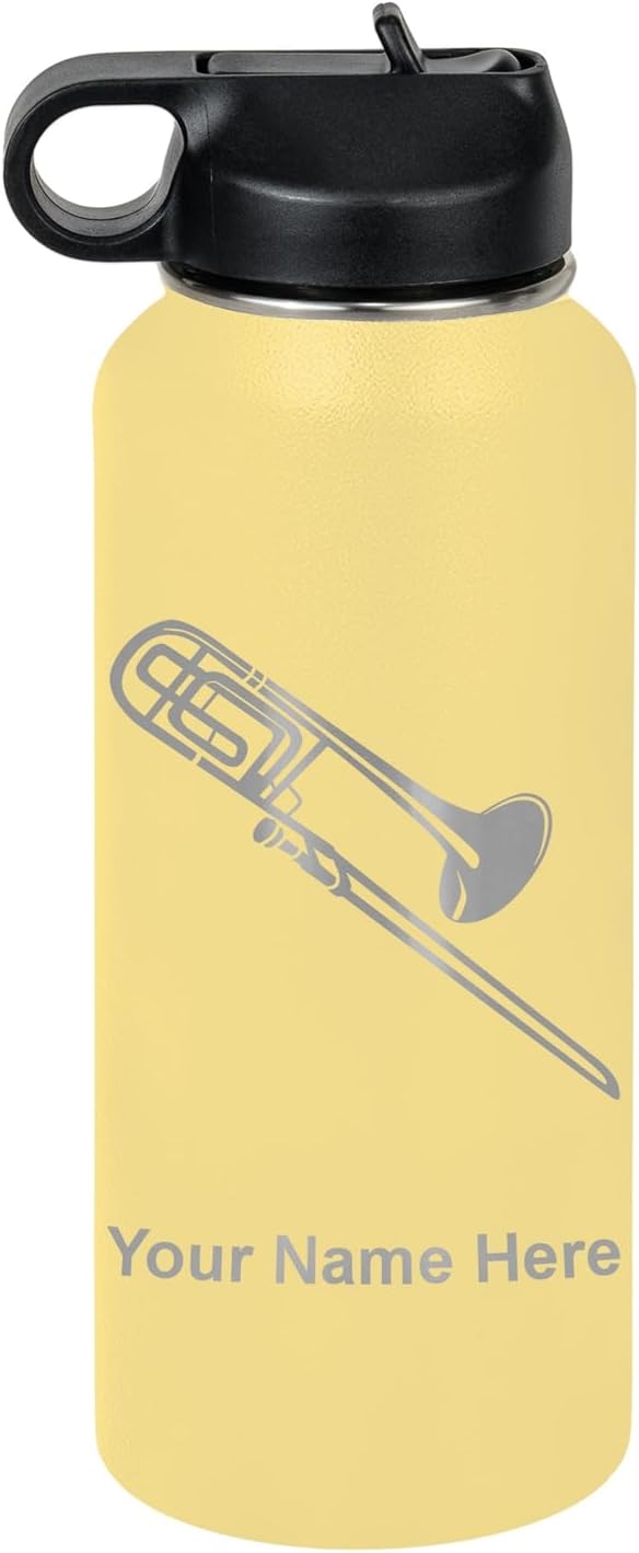 LaserGram Personalized Water Bottle, Trombone, Stainless Steel Double Wall Vacuum Insulated with Flip Top Straw, Custom Engraved Gift (32oz / 950ml Yellow)