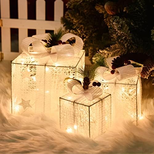 Light up Gift Boxes, Light up Xmas Boxes with Battery Operated for Christmas Decorations Indoor and Outdoor (3 Pack) (White Bow)