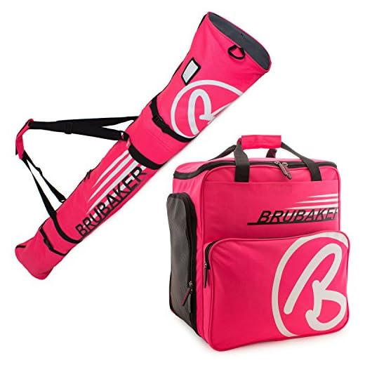 BRUBAKER Champion Combo - Limited Edition - Ski Boot Bag and Ski Bag for 1 Pair of Ski up to 170 cm, Poles, Boots and Helmet - Dark Pink White