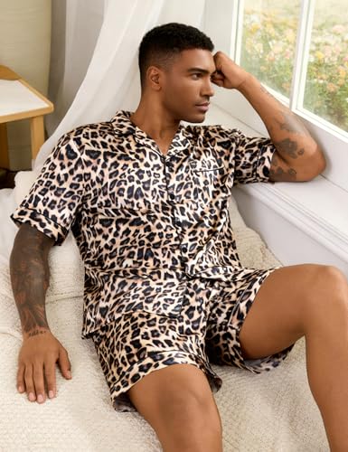Image of SWOMOG Men Silk Pajama Set Short Sleeve Satin PJs Sets 2 Piece Button Down Sleepwear Soft Summer Loungewear with Pockets