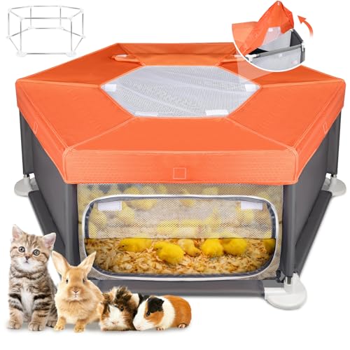45x45x19.7 Sturdy Stainless Steel Frame Small Animal Playpen Brooder Box for Chicks with Removable Roof & Bottom Pad for Easy Cleaning Pet Playpen for Ducks Kittens Bunnies Quails Guinea Pigs