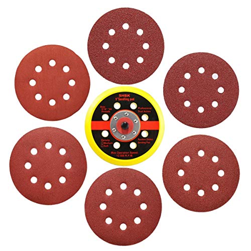 61Pcs Sanding Discs Set, Drillpro 60pcs 5 Inch 8 Holes Hook and Loop, 60/80/120/180/240/320 Grit Sandpaper + 1 Piece PU Backing Pad for Random Orbital Sander