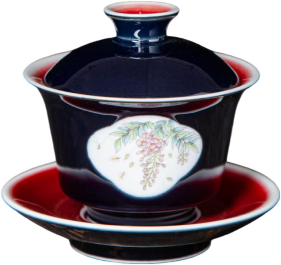 创意陶瓷盖碗茶杯霁蓝开窗单个泡茶器三 Ceramic Kung Fu Tea Set,teapot,Teacups,warming Wedding Birthday Gift,Tea Tray Chinese,Dishwasher Safe 盖碗葡萄