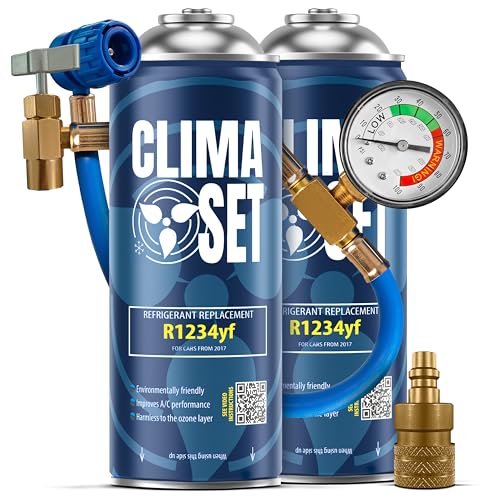 ClimaSet - 2 recargas de aire acondicionado R 1234yf, manguera y adaptador - Kit de Recarga de Gas para Aire Acondicionado para Automóviles - 340 g