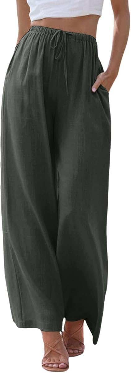 JiXiang Linen Pants Women Straight Leg Solid Drawstring Elastic Yoga Trousers Comfy Long Lounge Beach Trousers with Pockets