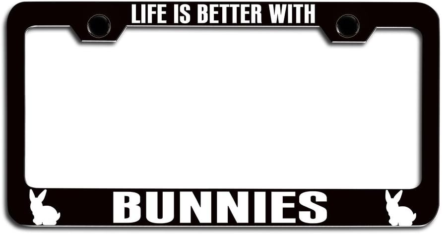 Makoroni - Life is Better with Bunnies Black Steel License Plate Frame, License Tag Holder