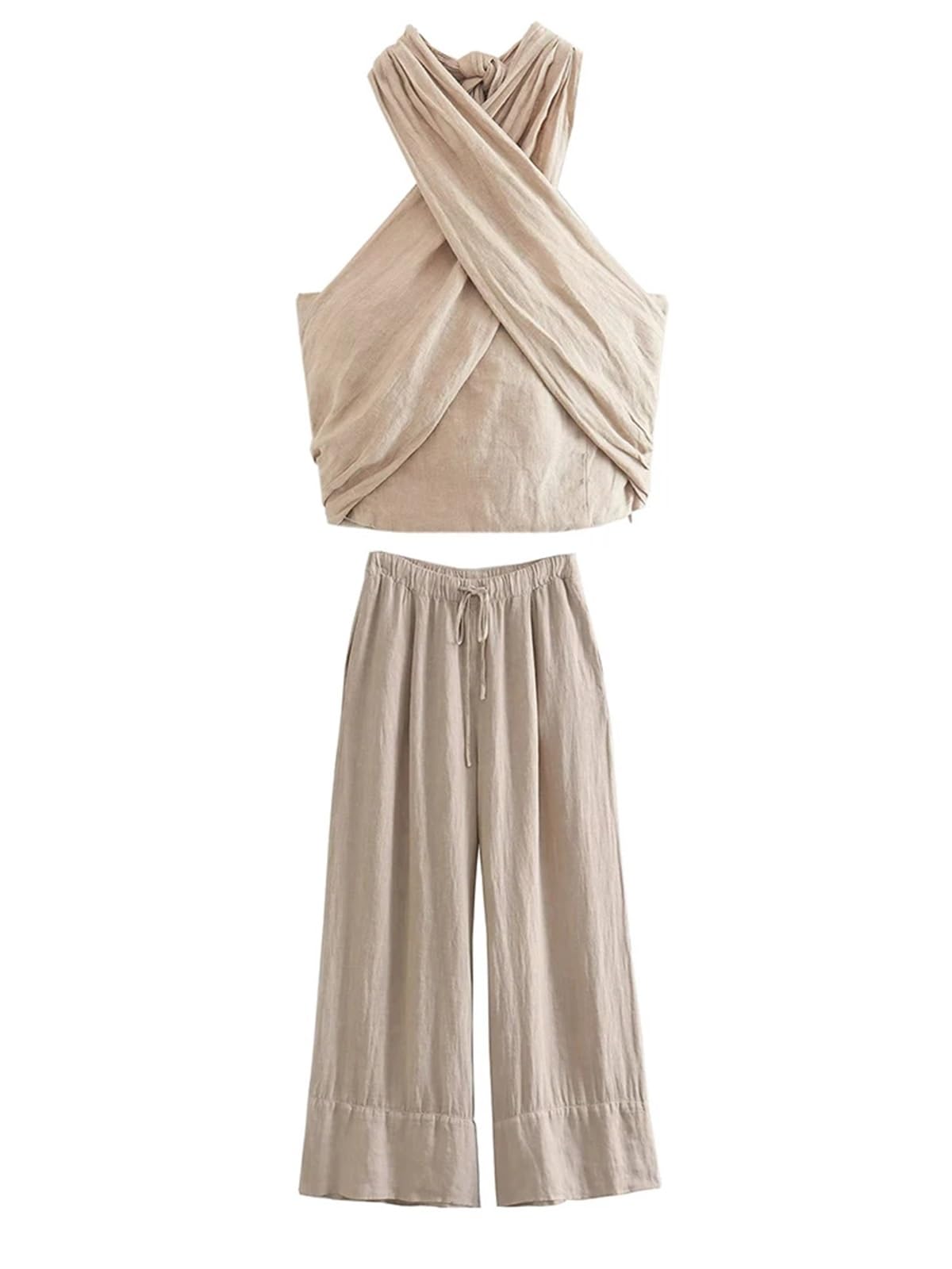 Top aderente lacci incrociati Set di pantaloni lino da donna morbidi | Set estivo a due pezzi Streetwear Abiti chic femminili sexy