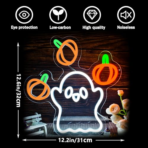 Image of Ghost Neon Sign Halloween Neon Sign with Animated Pumpkin Throwing Effect Lighted Display,Dimmable Pumpkin LED Neon Light halloween Door Porch Wall Decor