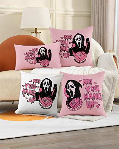Preliving Funny No You Hang Up First Pink Horror Ghost Design Throw Pillow Cover Pillow Case Valentine's Day Halloween Pillowcase Decoration For Sofa Bedroom Birthday Party Supplies 20'' X 20'' #TOP4