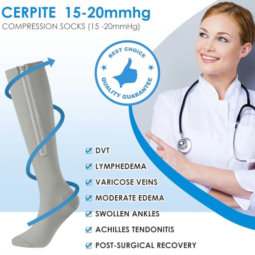 Image of cerpite Zipper Compression Socks, 2 Pairs 15-20 mmHg Closed Toe Compression Stockings for Men Women