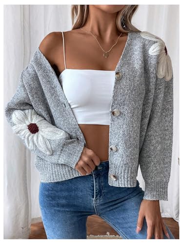 Image of SHENHE Women's Flora V Neck Button Down Cardigan Drop Shoulder Elegant Flower Sweater Outerwear