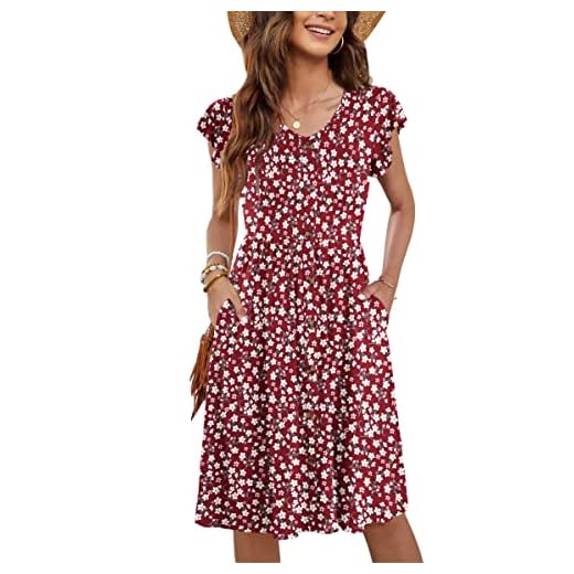 MOLERANI Boho Kleid Damen Rüschen Ärmel V-Ausschnitt Casual Swing Elastische Taille Midi Kleid mit Taschen Super Floral Rot M