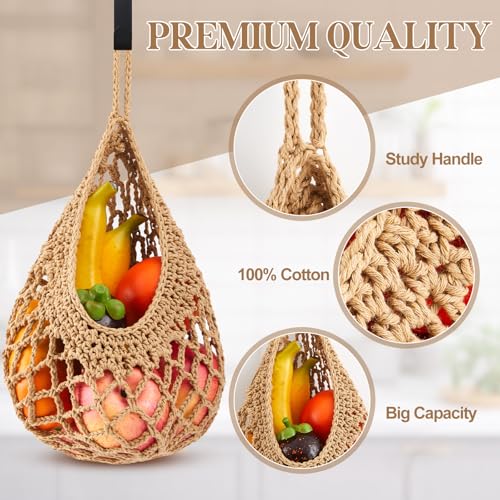 Image of Honeydak 3 Hanging Baskets, Light Linen, Crochet, Cotton Rope