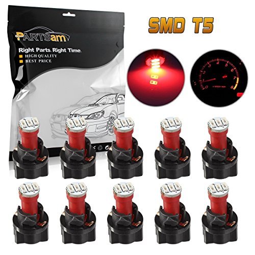 Partsam 10Pcs Red T5 Instrument Gauge Panel Cluster 3-3014-SMD LED Light Bulb w/Lock Socket