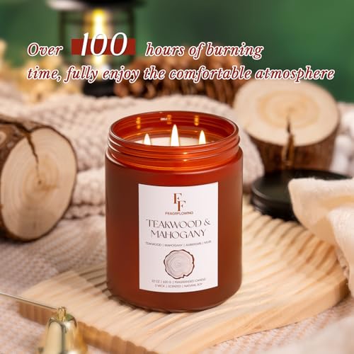Image of Teakwood & Mahogany Large Christmas Scented Candle, 3-Wick 22oz Long Lasting Scented Candle, Natural Soy Wax Aromatherapy Candle for Home, Holiday Candle Gifts for Women Men