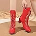 Green Mid Calf Boots for Women:Fashion Lace up Combat Booties Round Toe Leather Side Zipper Winter Warm Footwear Shoes Party Dressy(Red,Size7)