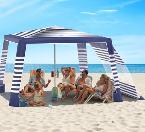 Rhino Valley Beach Cabana, 8 * 8FT Beach Tent UPF50+ Protection, Easy Setup Beach Canopy Wind Resistant with Cup Holder, Compact Beach Shade Foldable Sun Shelter for Whole Family Friend