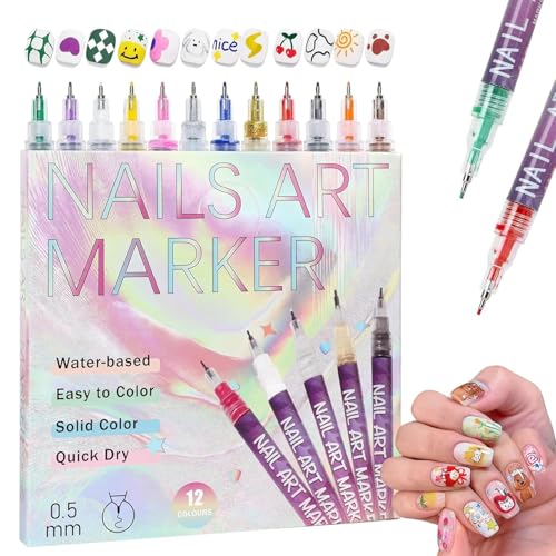 Kidology 12 Colors DIY Nail Art Pens Set | 0.5mm Ultra Fine Nail Art Marker Pens | Quick Dry Waterproof Nail Polish Pens for DIY Nail Painting | Nail Art Kit for Women & Kids