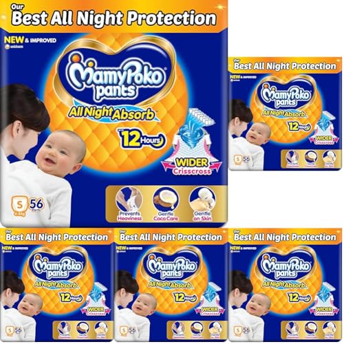 Image of Mamypoko pants All night absorb| Pant Style Baby Diapers Small Size(S), 56 Count, Ideal for 4-8Kgs|1 Diaper: Upto All night Absorption|Wider Crisscross Sheet|Gentle Coco Care| 12hr Leakage Protection| Prevents Heaviness.