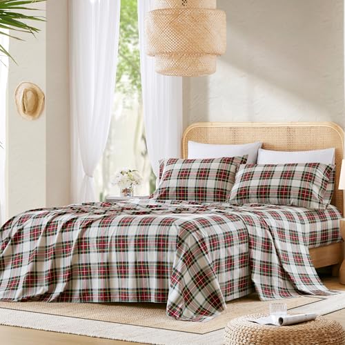 Comfort Spaces 100% Cotton Sheets Twin XL, Breathable, Naturally Cool Cotton Sheets, Cotton Bed Sheets 12" Elastic Pocket Fits up to 14" Mattress, All Seasons Sheet Set, Scottish Plaid Red 3 Piece