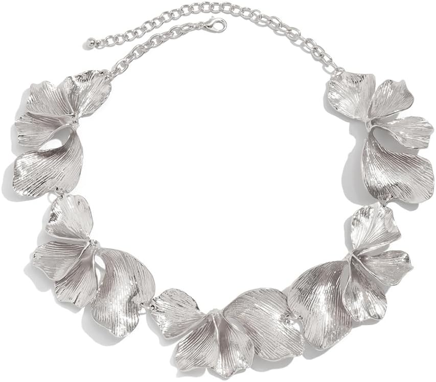 Chunky Gold Multi Ginkgo Leaf Petal Necklace for Women, Statement Trendy Silver Irregular Textured Flower Necklace Bohemia Charm Party Jewelry Gifts - Image 8