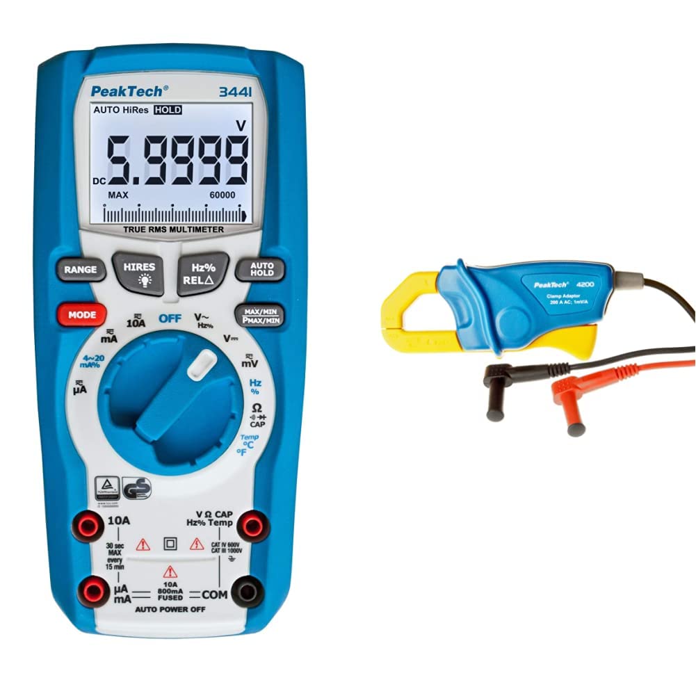 PeakTech 3441 – True RMS Digital Multimeter für Elektriker mit 60000 Counts - CAT III 1000 V, Blau & Stromzangenadapter 200 A AC für Digitalmultimeter, 1 Stück, P 4200, Blau